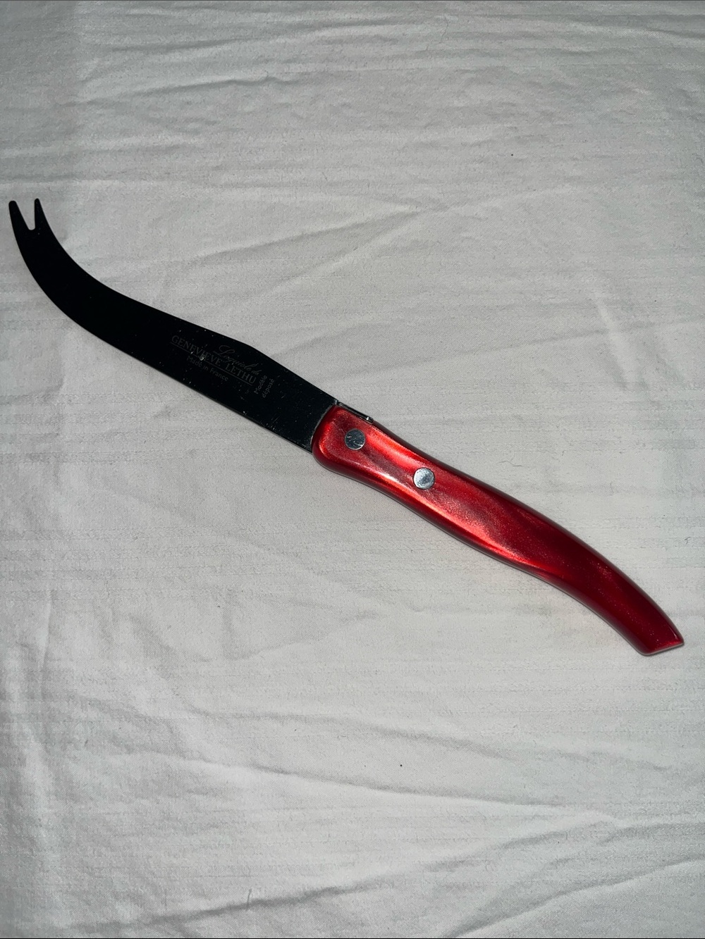 Vintage Laguiole Red Cheese Knife Genevieve Lethu France Forked Stainless Steel